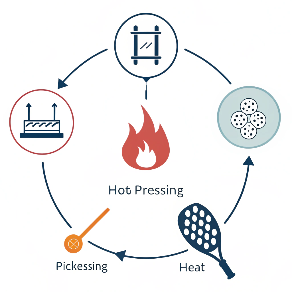 2D illustration showing production stages with icons for hot, cold, and thermoforming techniques.