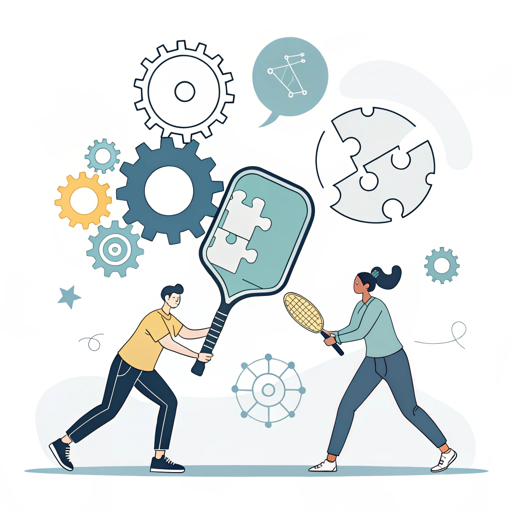 Minimalist collaborative design with paddle and abstract partnership symbols in flat style.