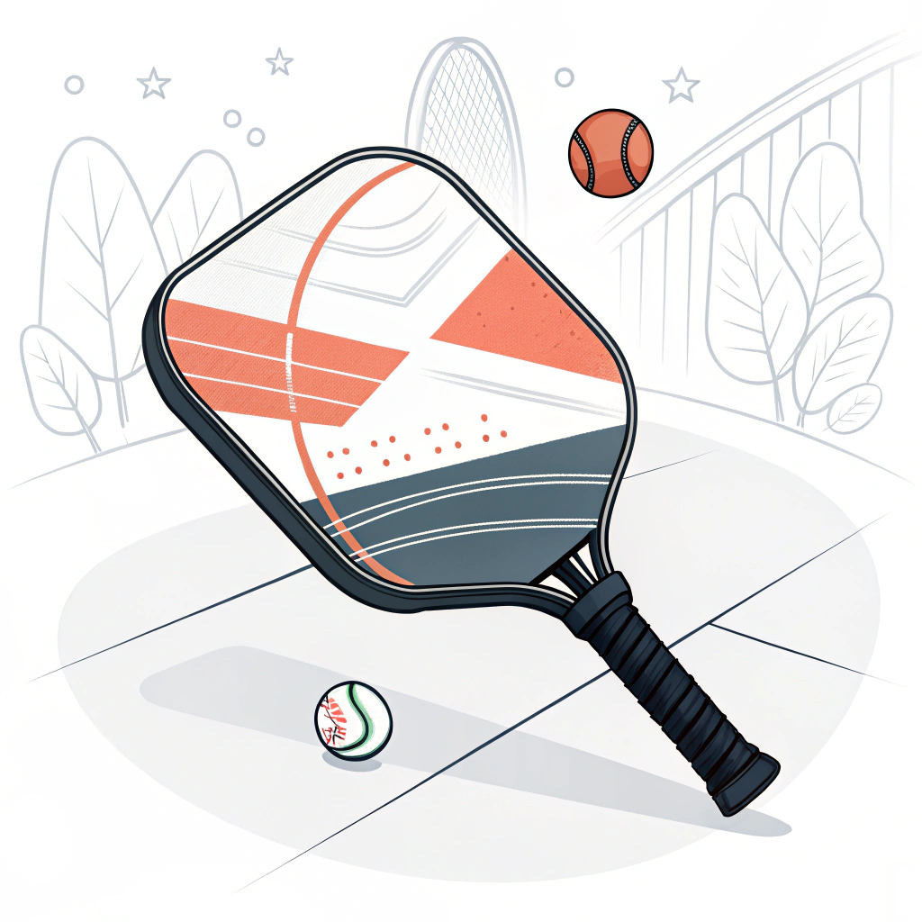 Minimalist illustration of a dynamic, branded pickleball paddle in a sporty setting.