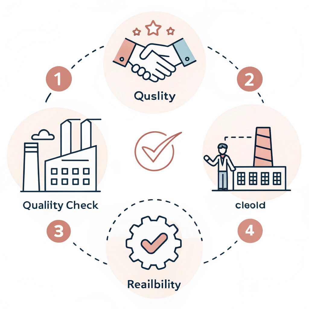 2D flat design illustration showing supplier evaluation with handshake and quality icons