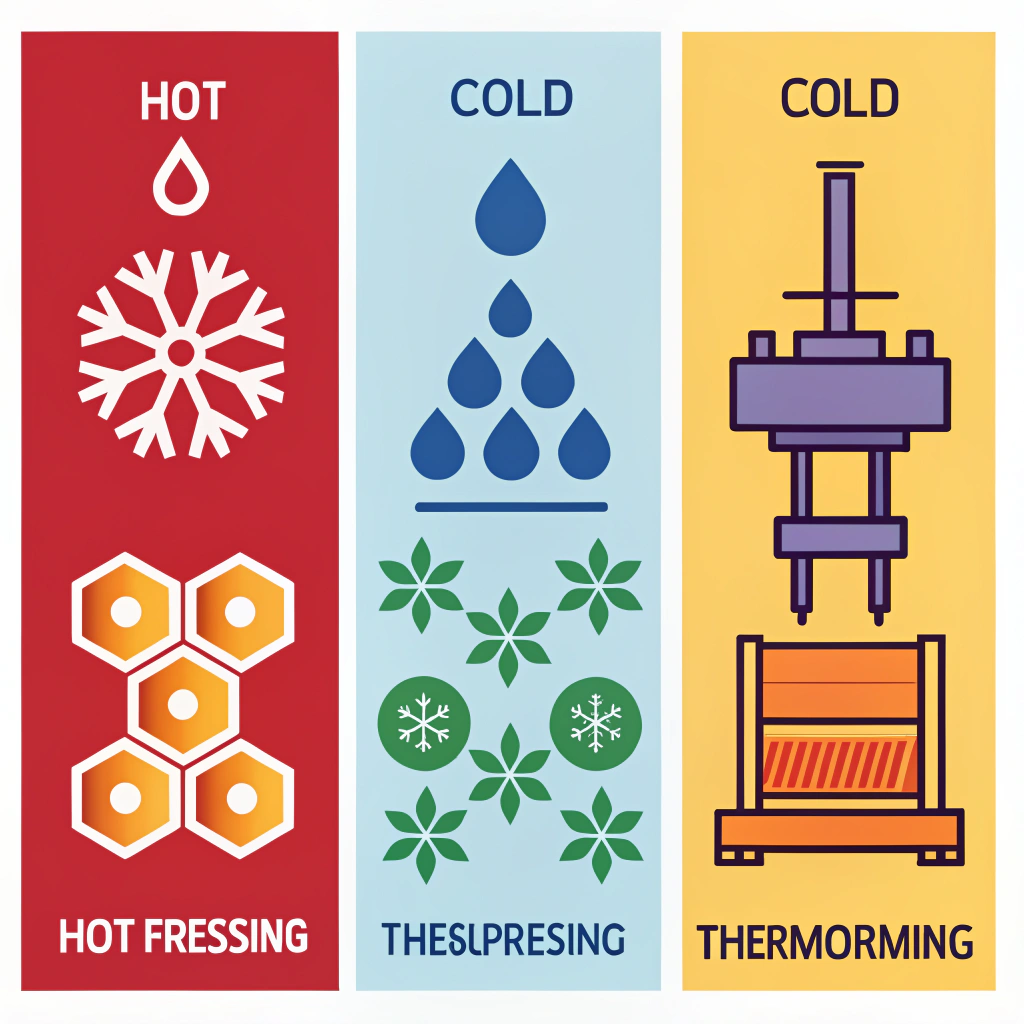 "Minimalist 2D illustration of three distinct manufacturing processes with abstract symbols"
