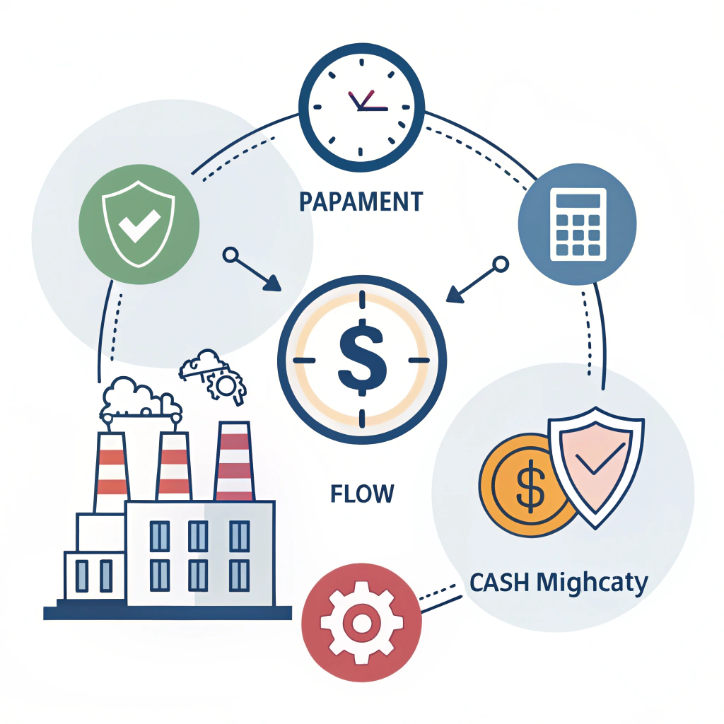 A minimal flat illustration with icons representing cash flow, timing, and risk management in manufacturing finance.