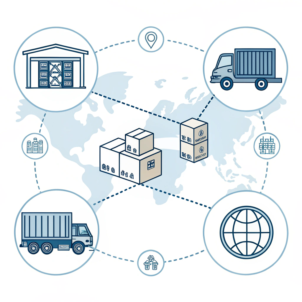 Minimalist 2D illustration of organized supply chain and logistics management.