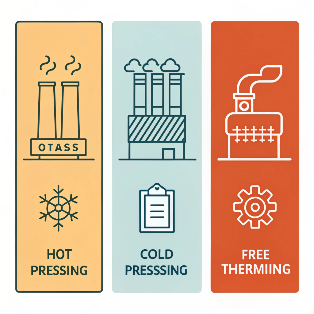Minimalist 2D illustration of three production process panels