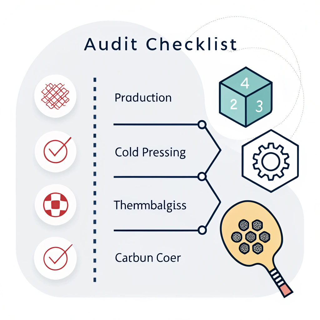 Minimalist 2D illustration of supplier audit in pickleball manufacturing