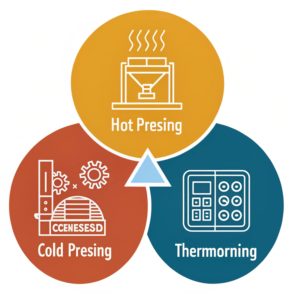 Iconic minimalist depiction of hot pressing, cold pressing, and thermoforming processes.