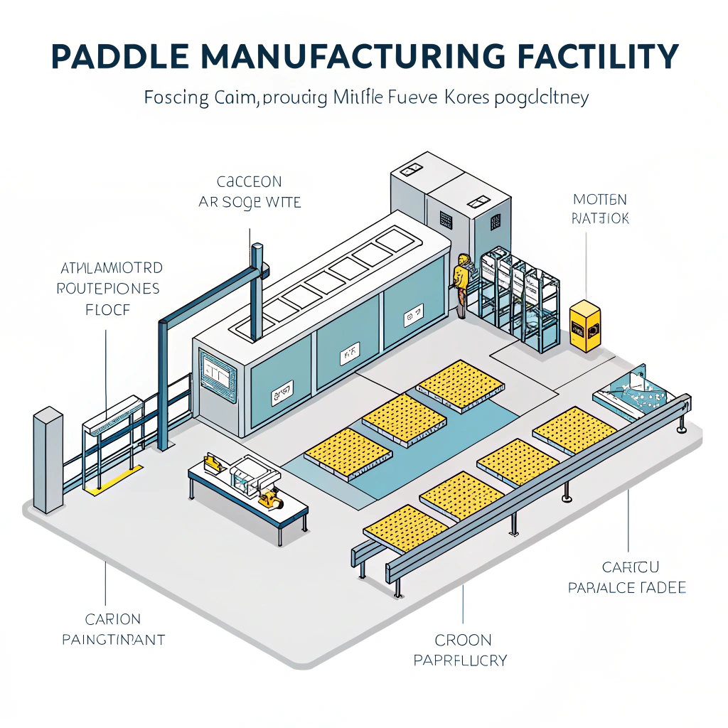 Simple 2D illustration of a paddle production line with custom molds and advanced materials.