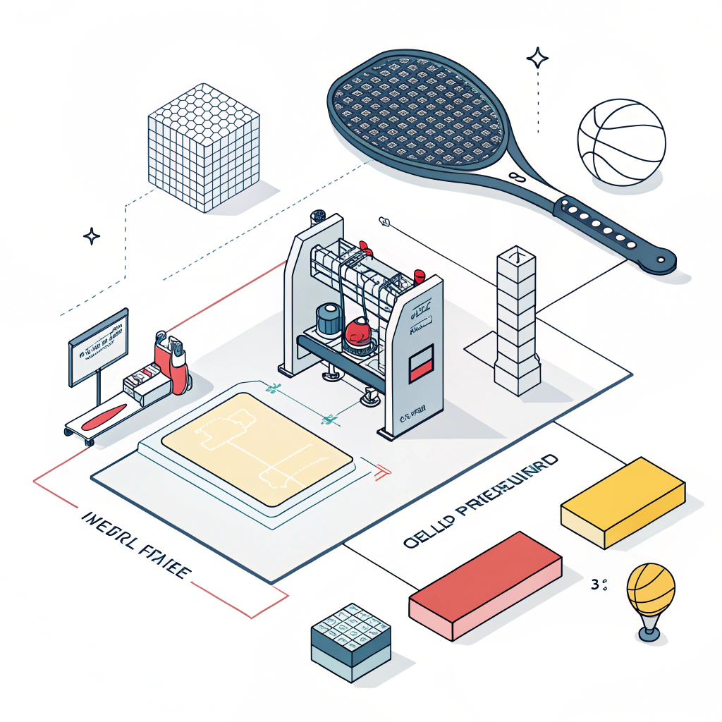 A simplified 2D illustration depicting high-tech pickleball paddle production with modern manufacturing details