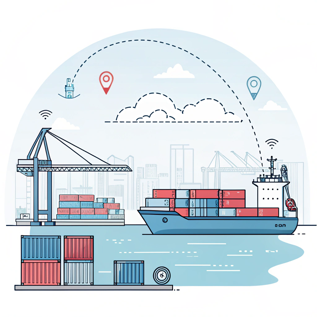 Minimal illustration of logistics with cargo ship and container stacks at port