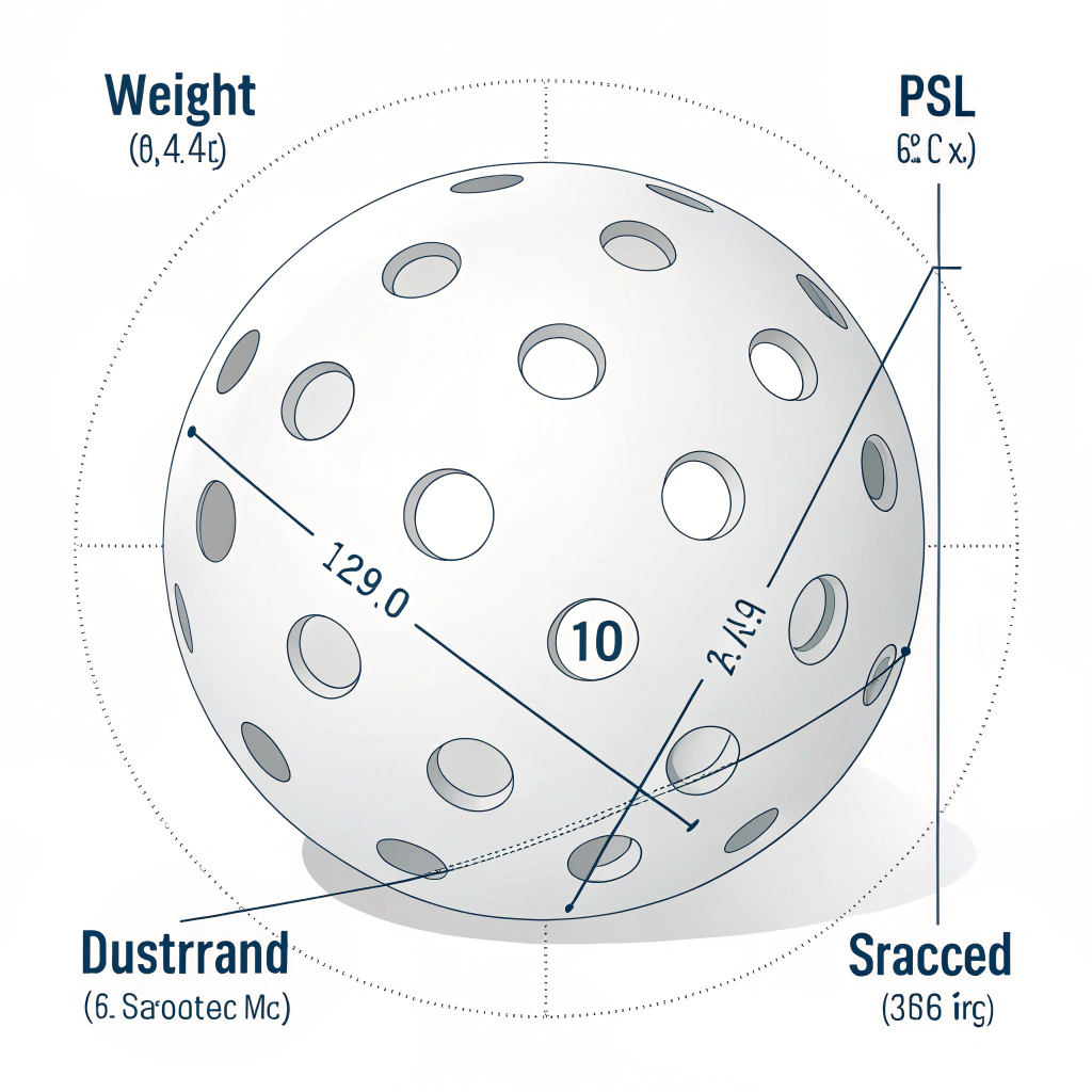 Minimalist technical illustration of a regulation pickleball ball with measurement cues.