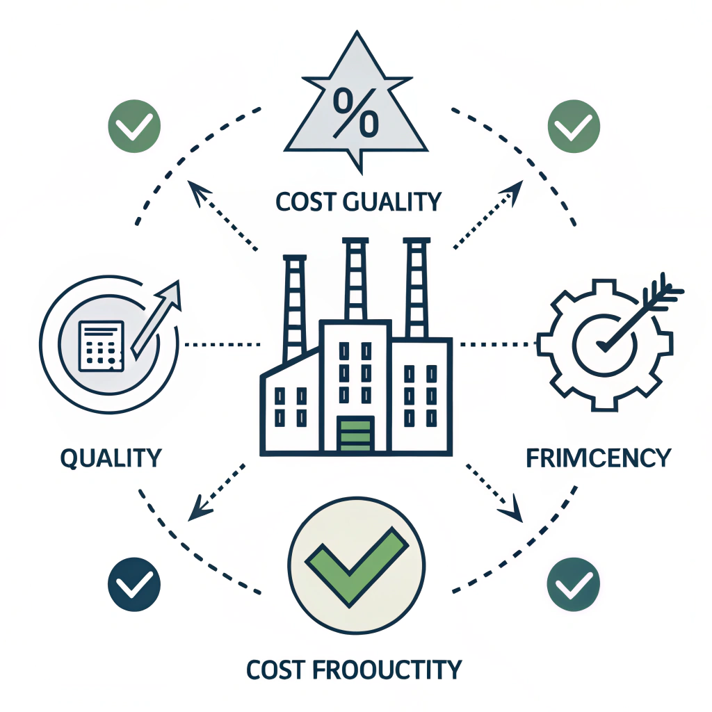 Minimal illustration showing manufacturing consolidation benefits with quality and efficiency symbols.