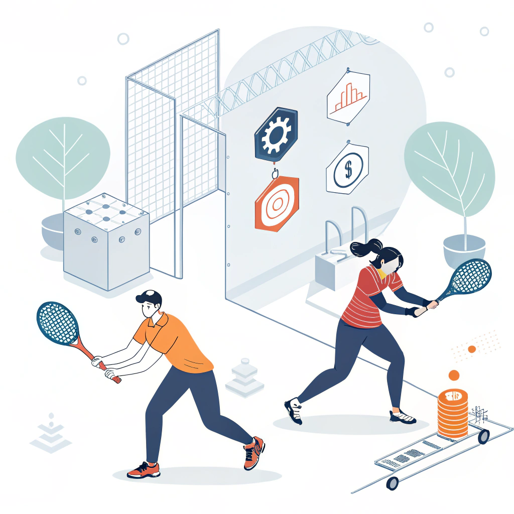 Minimalist 2D illustration showing abstract manufacturing elements and innovative pickleball paddle design.