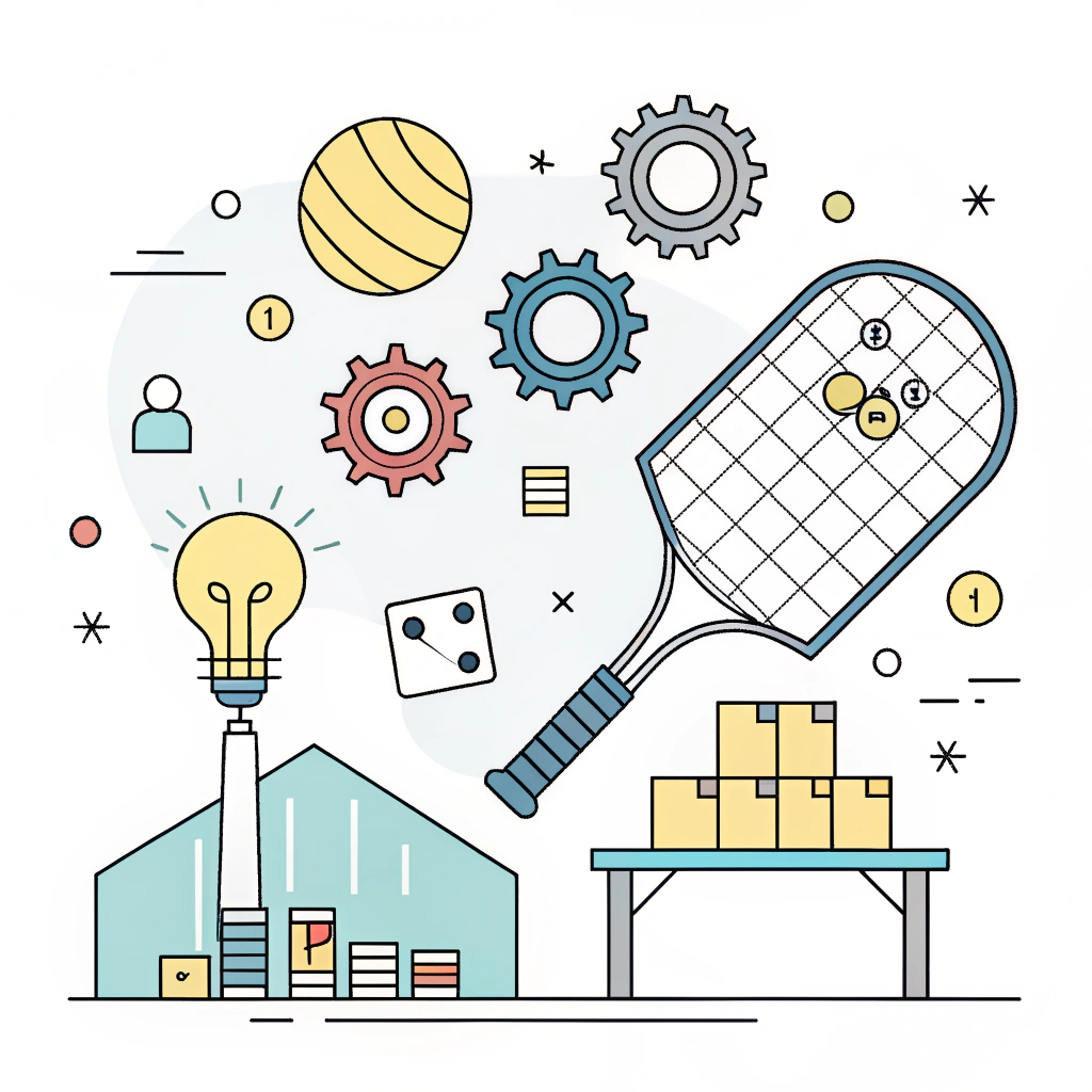 A minimal flat illustration showing a startup’s creative production process and innovation in pickleball manufacturing.