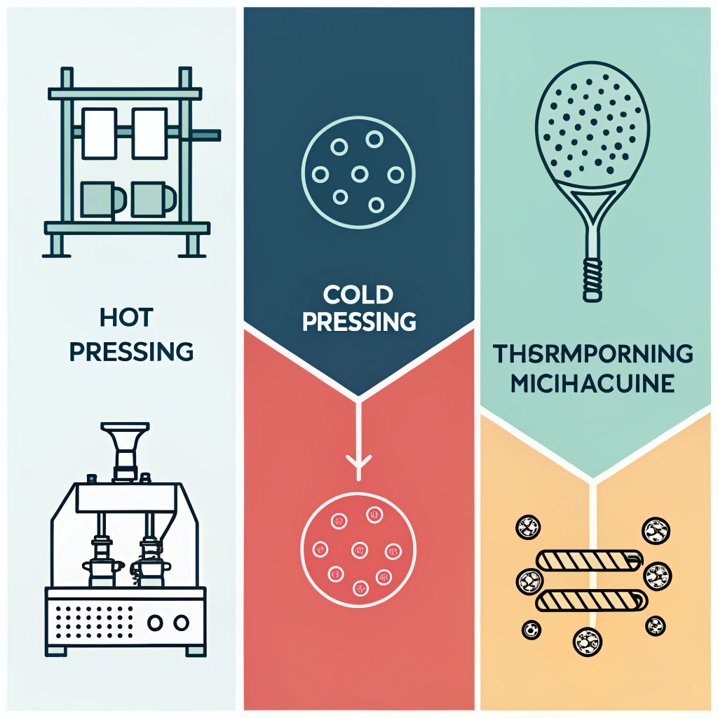 "Flat 2D illustration portraying three manufacturing techniques for high-performance pickleball paddles."