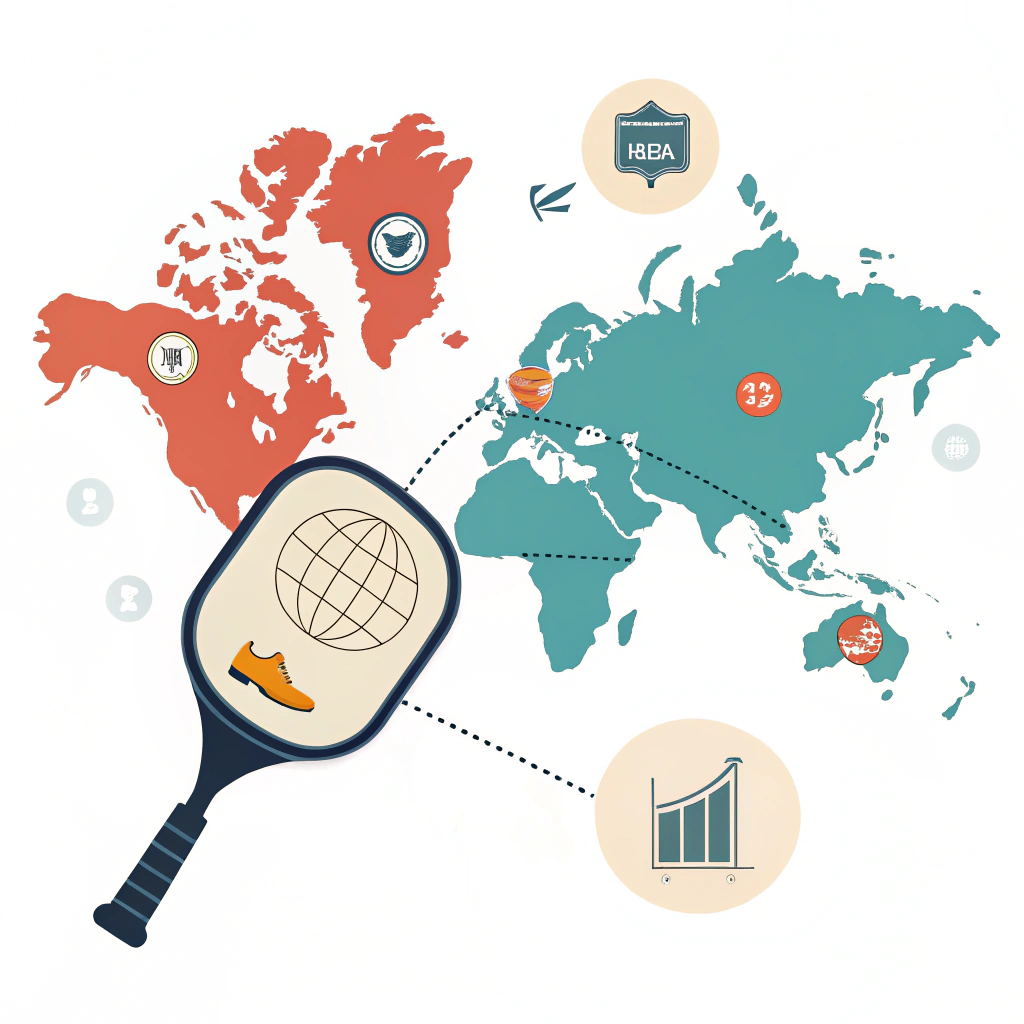 Minimal flat illustration of global trade with a pickleball paddle and customs icons.