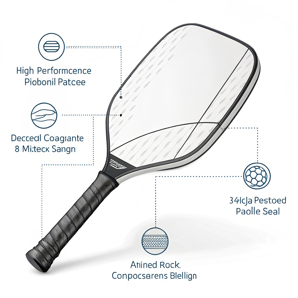 Minimalist illustration of a high-performance pickleball paddle with an ergonomic design.