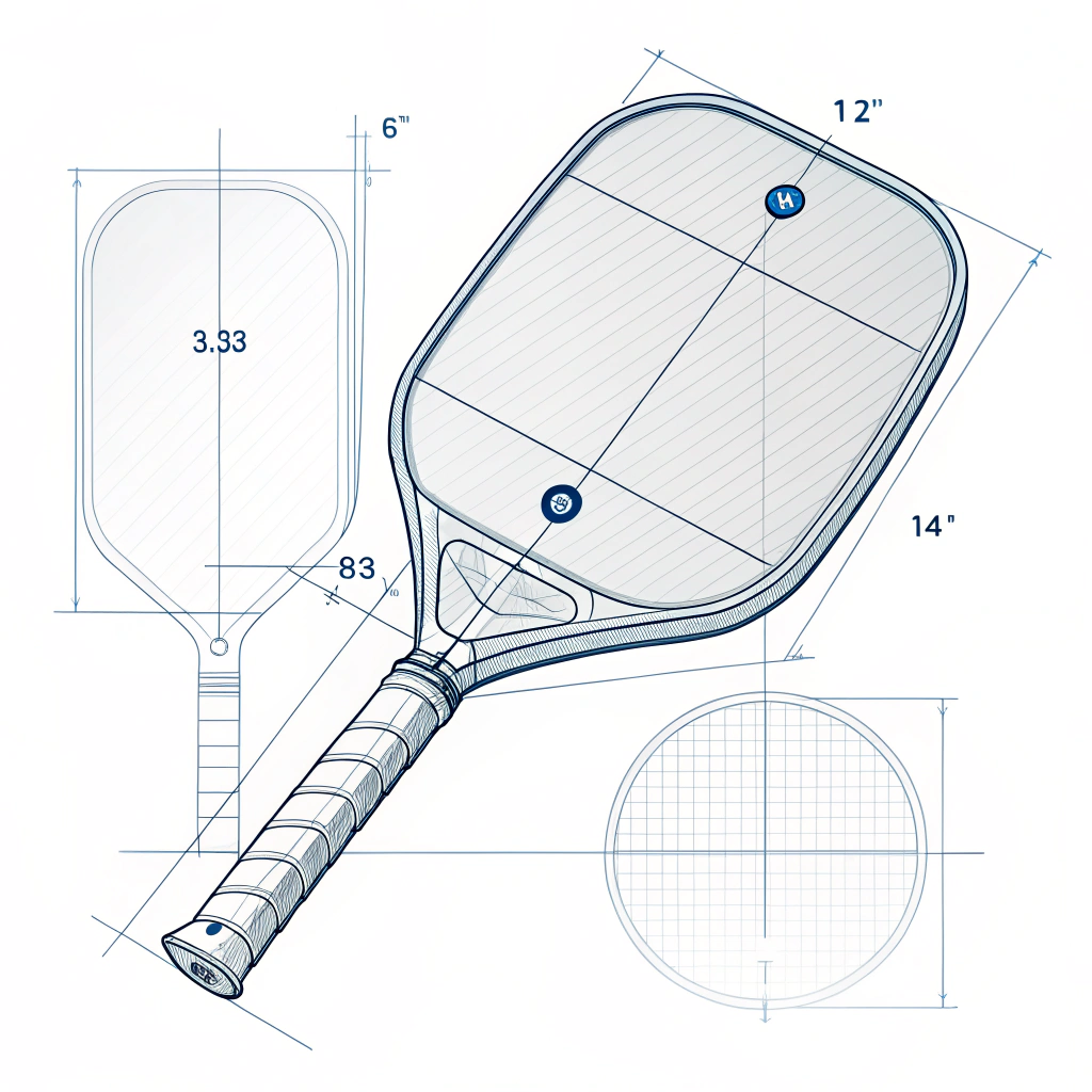 Flat 2D illustration of an engineered paddle featuring balanced weight and ergonomic blueprint style elements