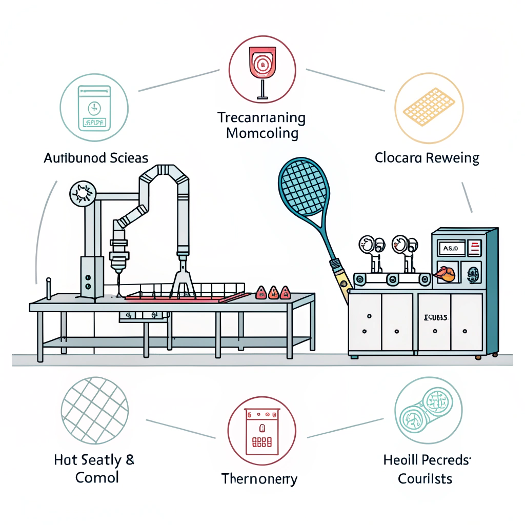 Clean minimalist 2D illustration of automated, efficient pickleball paddle manufacturing and quality control processes.