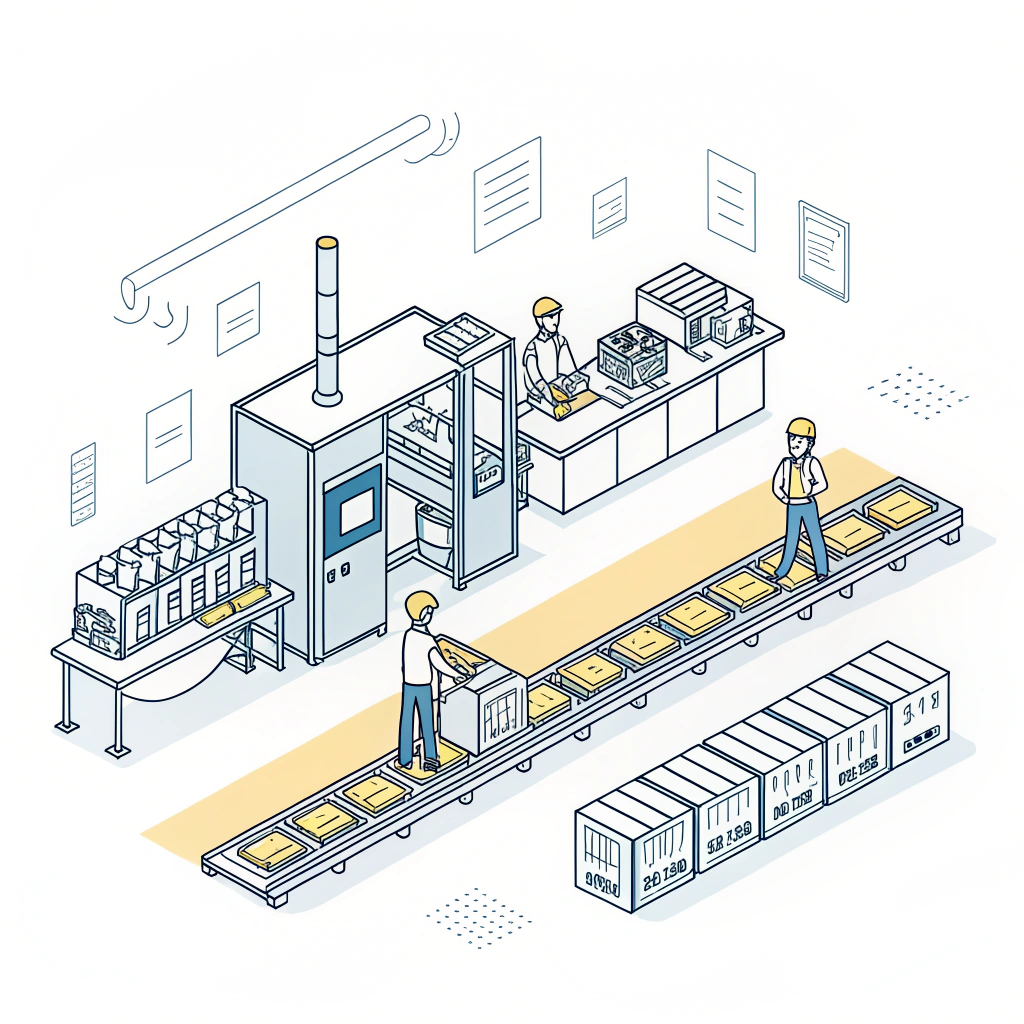 "Minimalist 2D factory scene showing bulk paddle manufacturing in a clean design."