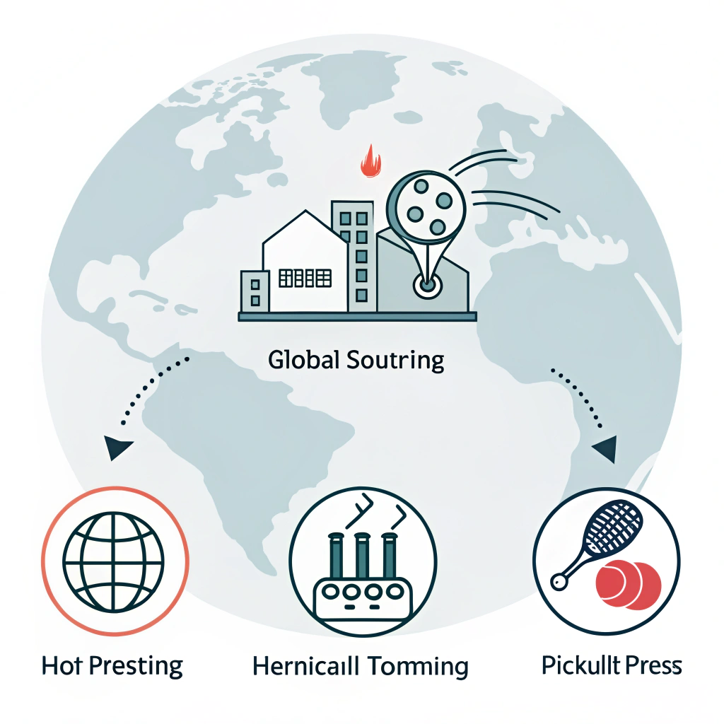 Minimal flat illustration of global sourcing and production techniques for pickleball paddles.