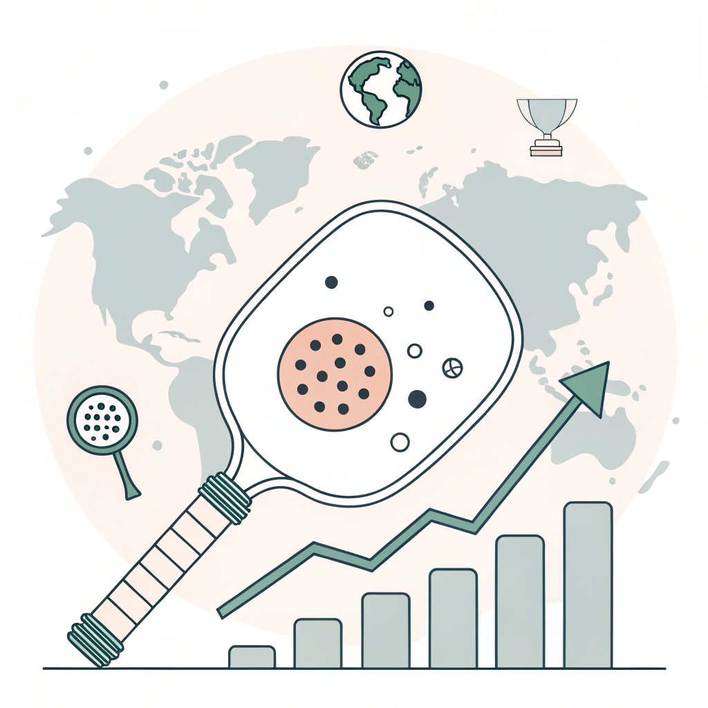 Minimalist 2D illustration of pickleball evolution with paddle, ball, and abstract global map.