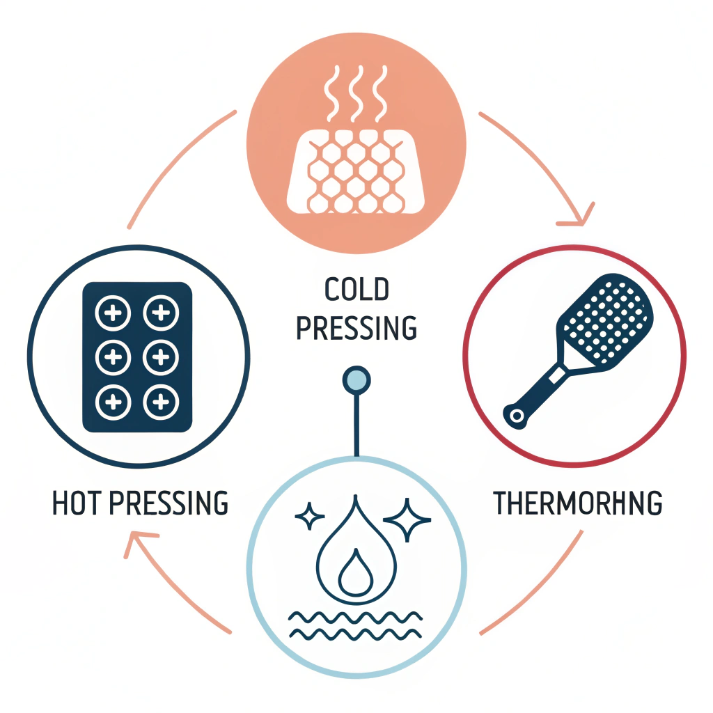 Minimalist illustration of abstract production processes for pickleball paddle manufacturing.