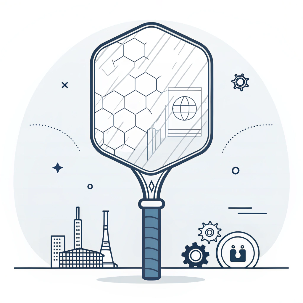 Minimalist 2D art of an abstract pickleball paddle with industrial symbols