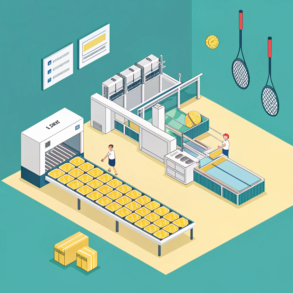 Minimalist 2D illustration of a modern pickleball paddle production facility