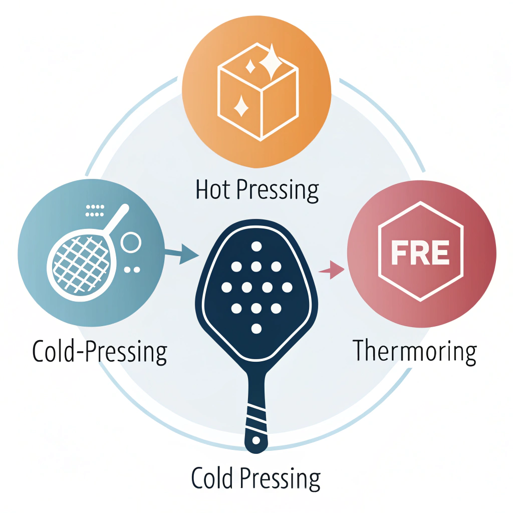 Abstract illustration of three production techniques for pickleball paddle manufacturing using minimal icons.