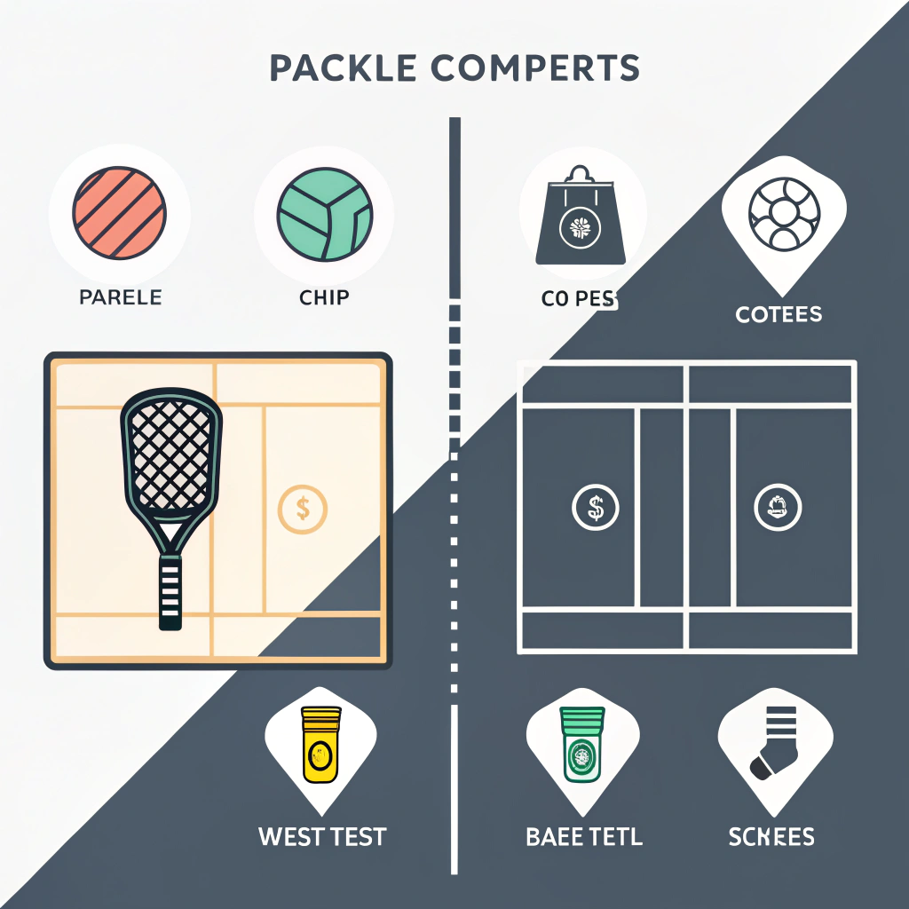 Minimalist flat illustration of icons representing various pickleball accessories arranged in a grid.