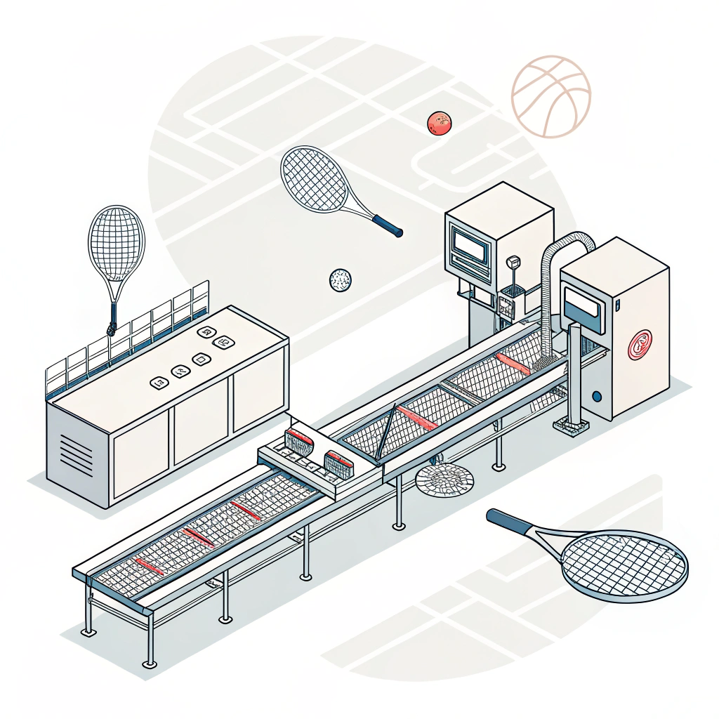 Minimal flat illustration of a modern factory producing custom pickleball paddles
