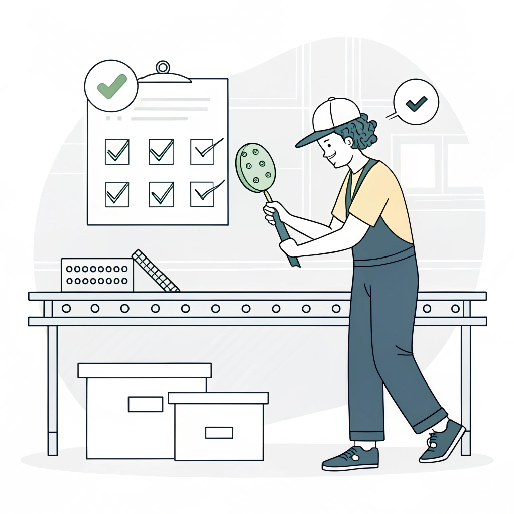 Minimalist illustration of a quality inspector checking a pickleball paddle in a factory setting