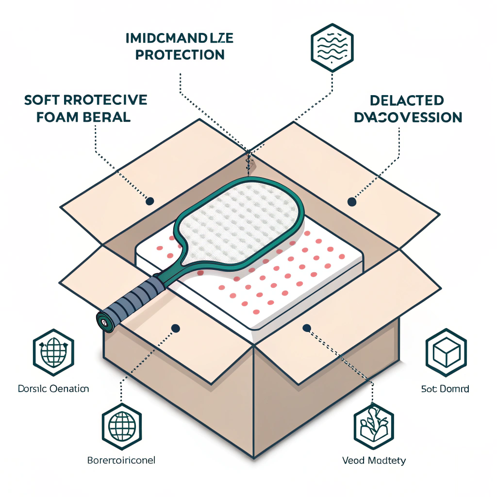 Minimal flat illustration of layered packaging protecting a pickleball paddle during transit.