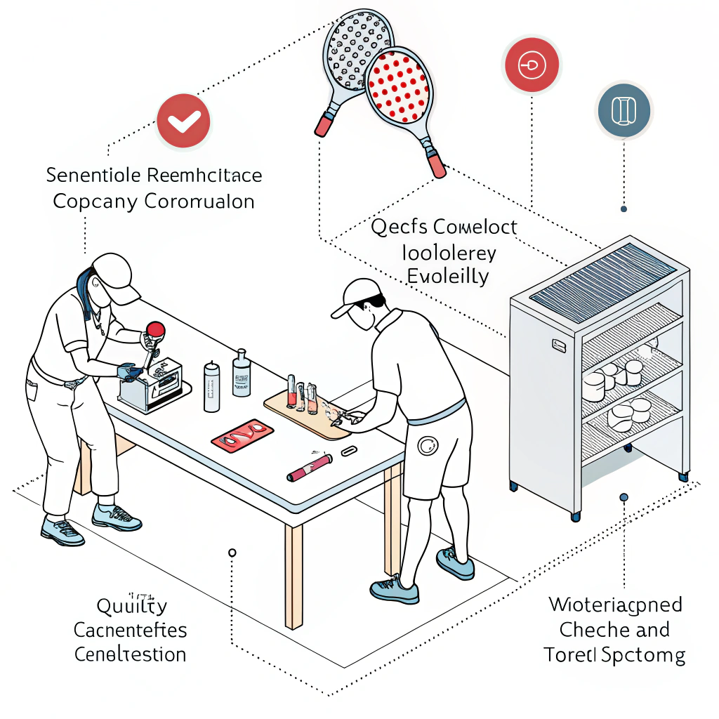 Minimalist 2D illustration of quality control and customization testing in pickleball production.