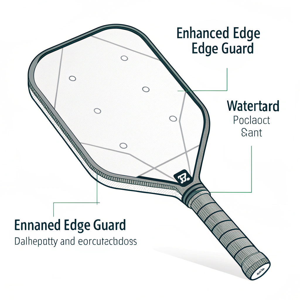 Minimalist 2D illustration of a pickleball paddle with improved edge guard design