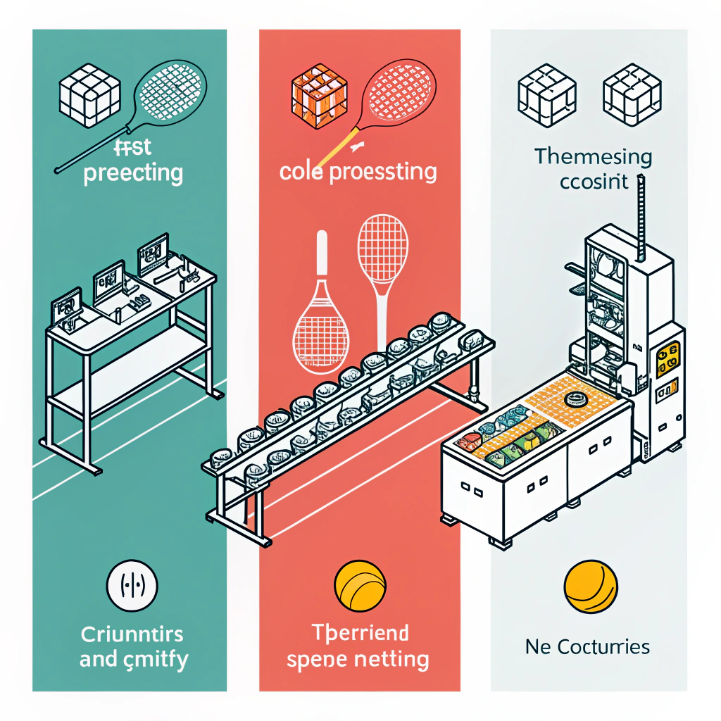 minimalist 2D depiction of innovative pickleball paddle production processes in three panels.