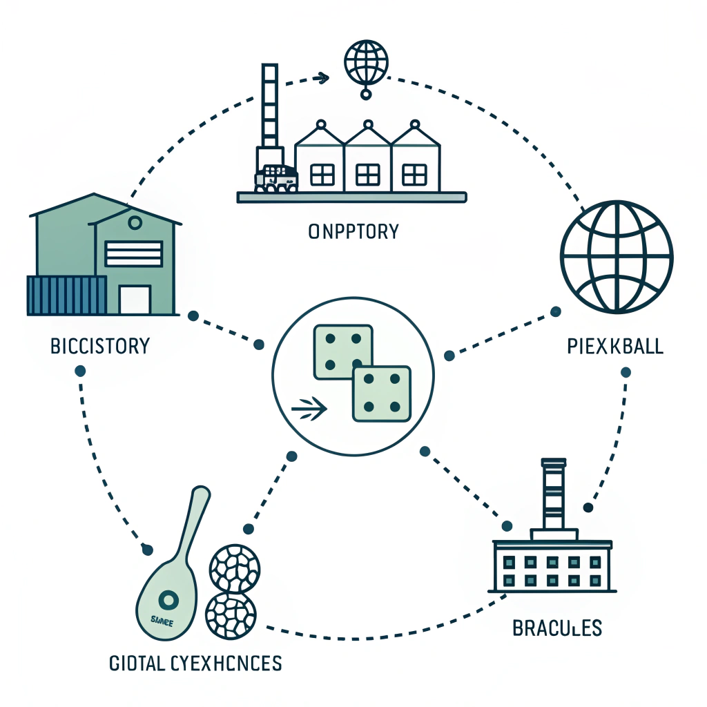 Minimal flat design depicting a global network for pickleball production and trade
