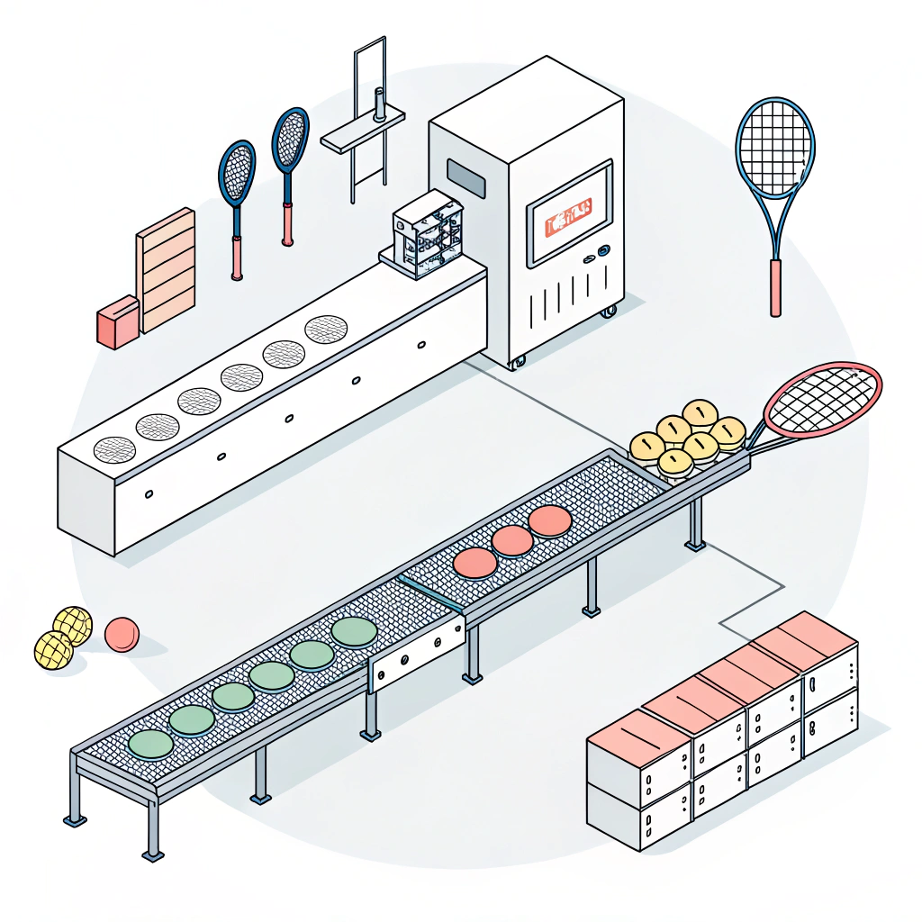 Minimal flat illustration of a production line for pickleball paddle manufacturing
