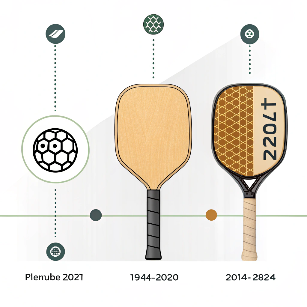 Minimalist 2D timeline showing three stages of paddle evolution from wood to composite.