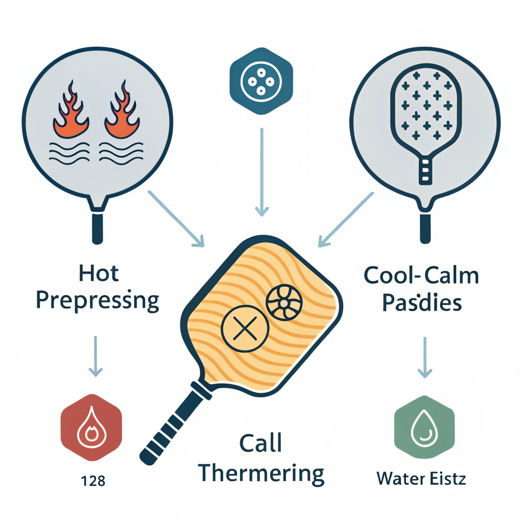 Minimalist 2D illustration representing hot pressing, cold pressing, and thermoforming production methods with simple icons.