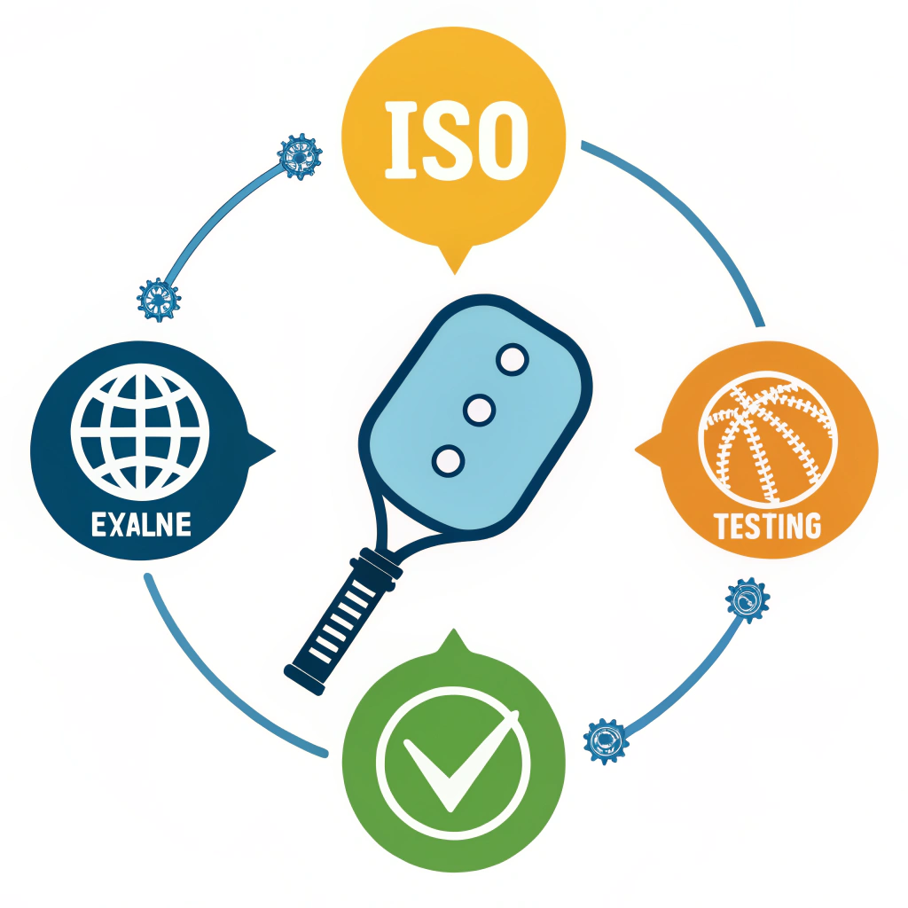 Flat digital art of certification icons arranged around a pickleball paddle.
