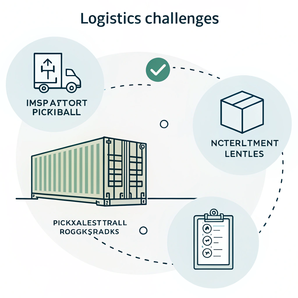 Minimalist depiction of shipping containers, documents, and checklist icons for import logistics.