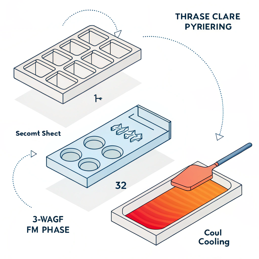 Minimalist 2D illustration depicting heating, molding, and cooling in thermoforming.