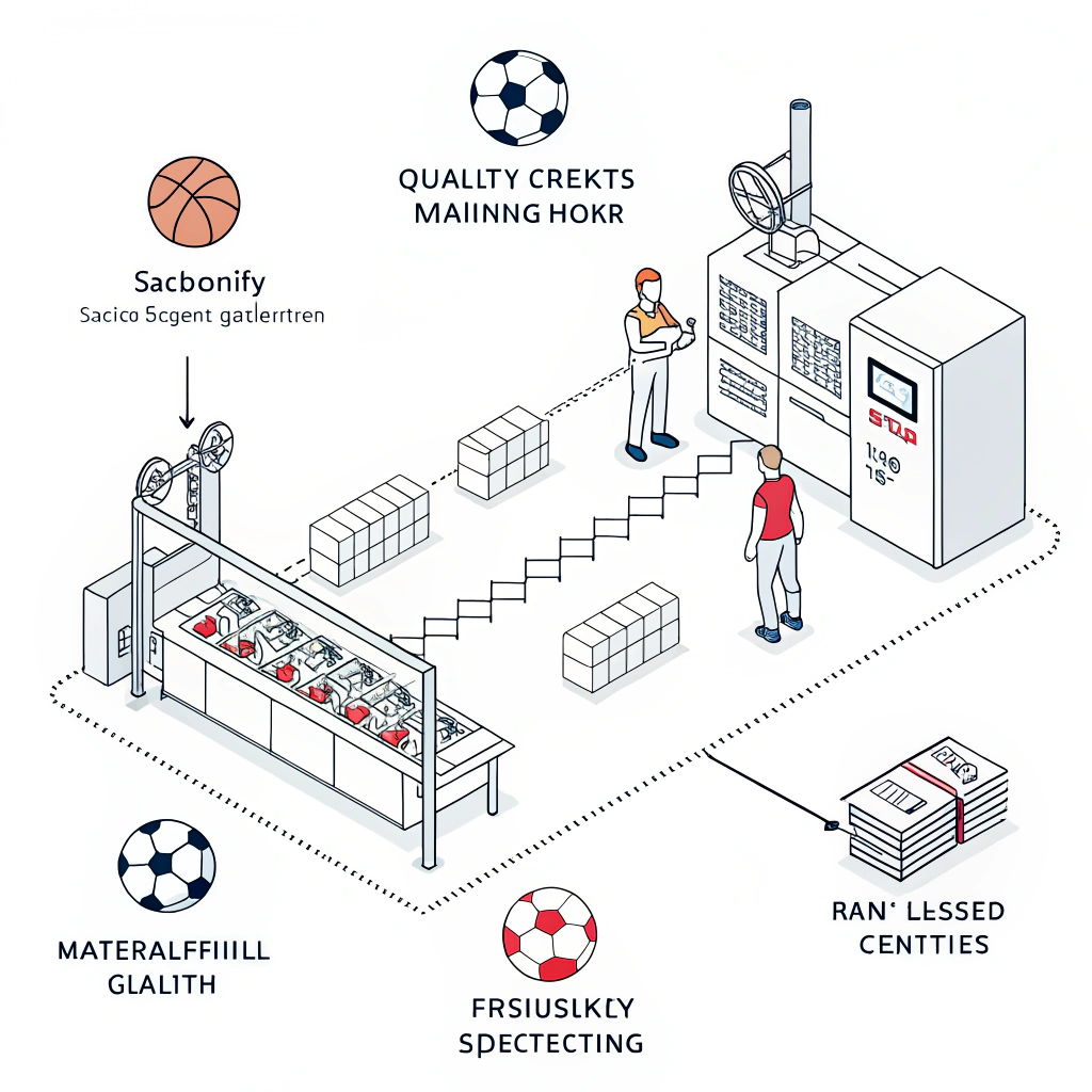 "Simplistic 2D illustration of structured manufacturing with machinery and quality control elements"