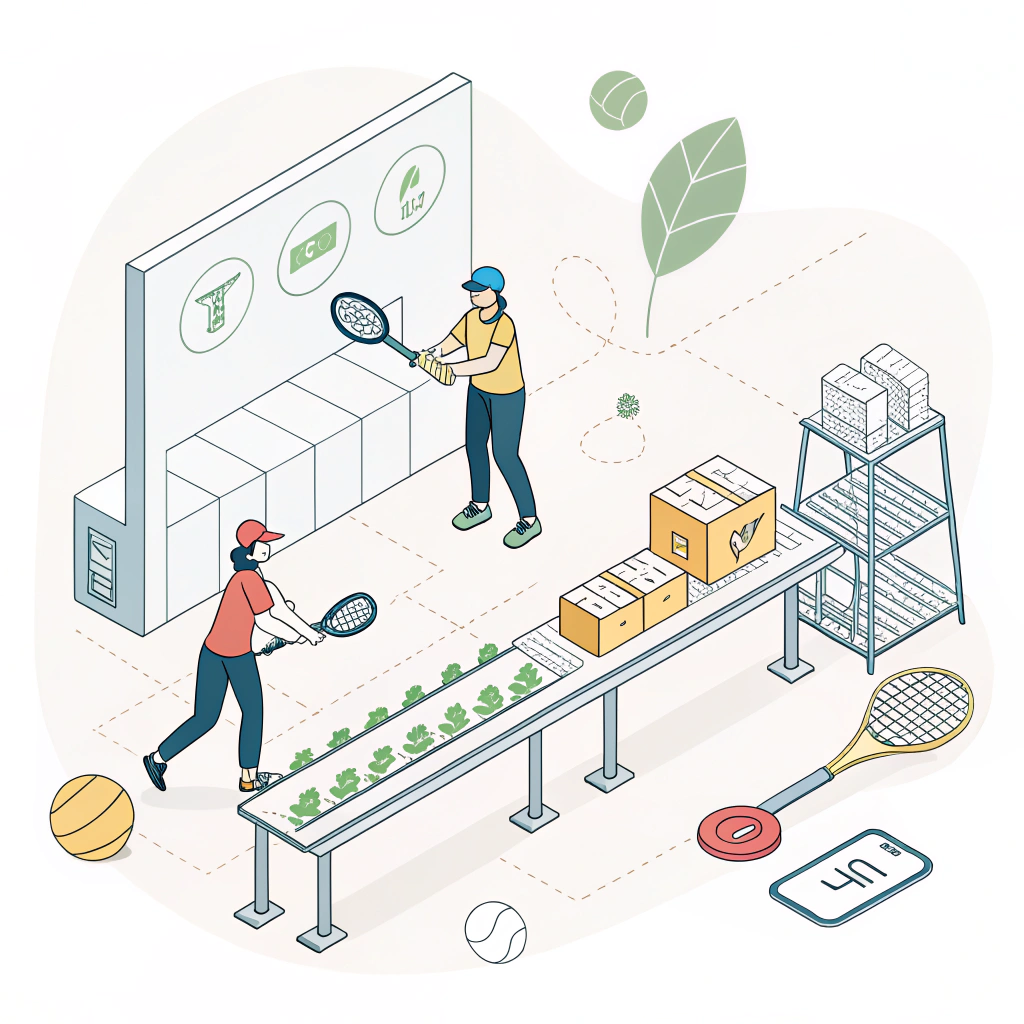 2D minimalist illustration of an innovative manufacturing setting for pickleball accessories.