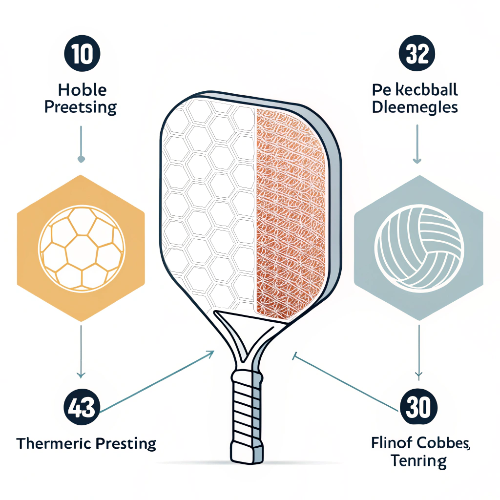 Minimalist 2D abstract art of innovative pickleball paddle production techniques.
