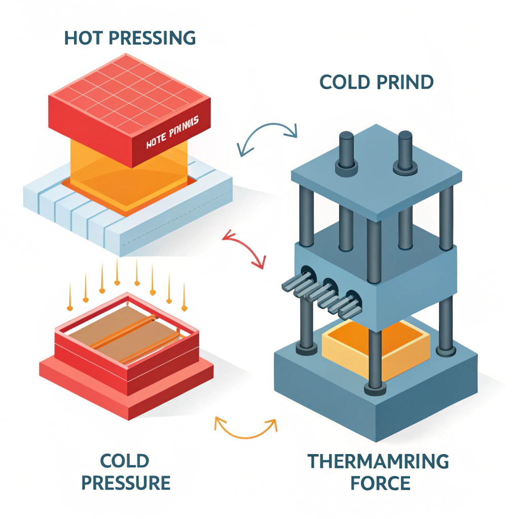 Minimalistic illustration of hot pressing, cold pressing, and thermoforming processes.