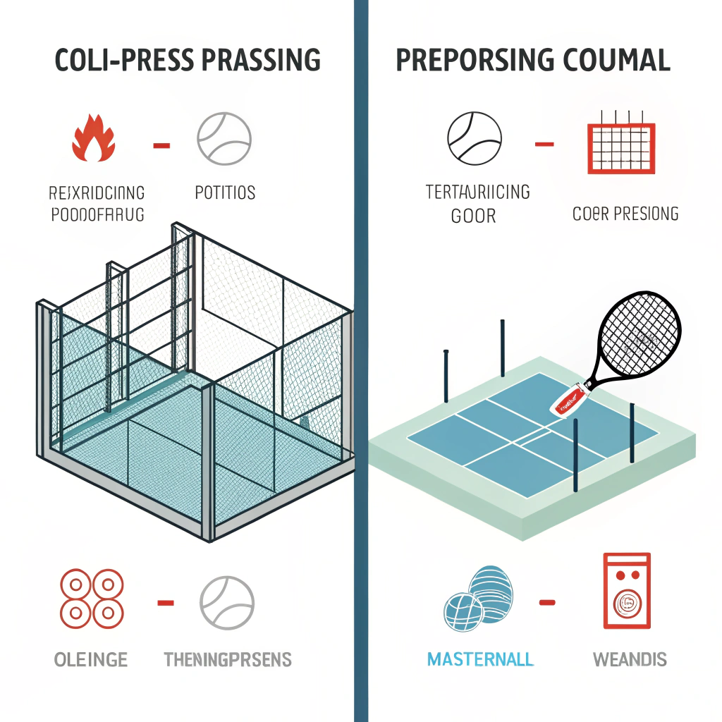 Minimal 2D split-screen illustration of padel and pickleball manufacturing innovation