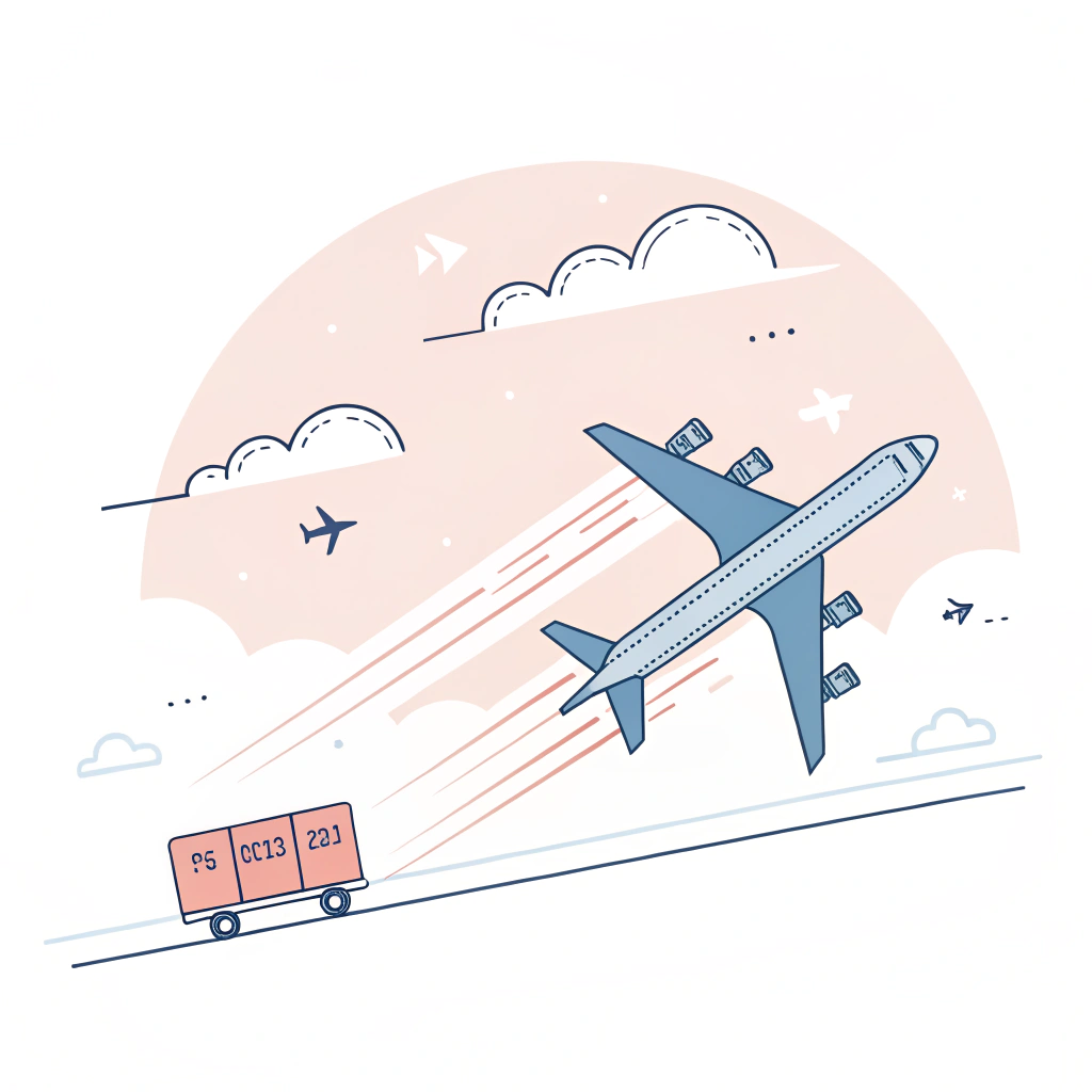 Flat design illustration of an airplane in flight symbolizing speedy pickleball air freight delivery.