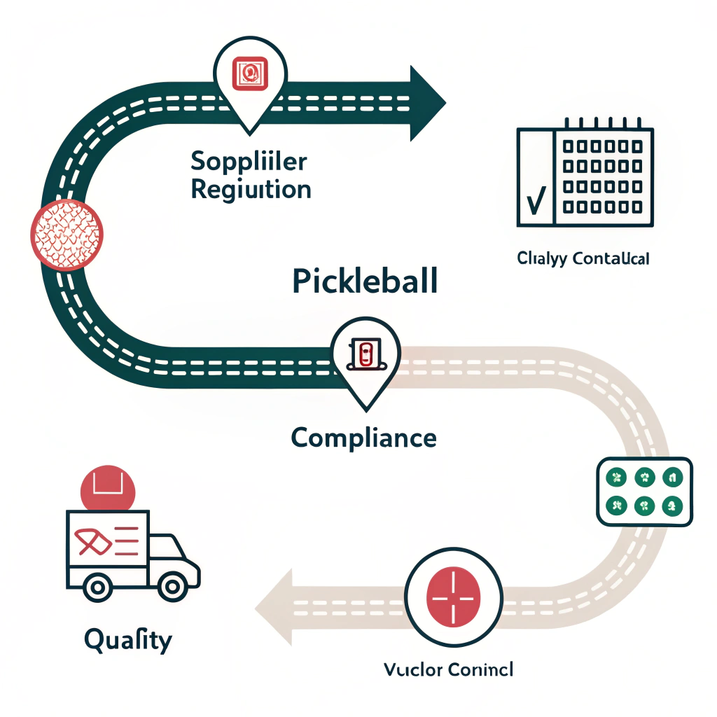 Minimalist roadmap showing supplier, compliance, quality, and logistics icons in flat design.